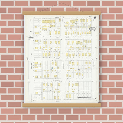 Old map wall art mockup — magnetic wood frame on brick wall — Sanborn Fire Insurance Map from Virginia, Saint Louis County, Minnesota (1908), Sheet #0009