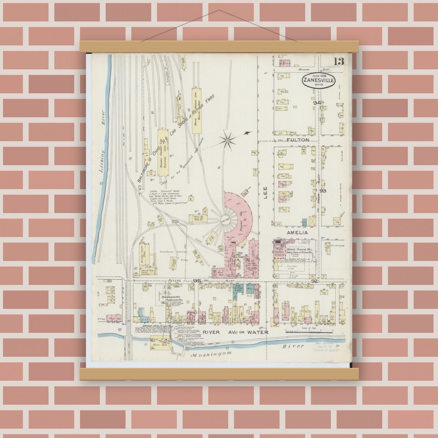 Old map wall art mockup — magnetic wood frame on brick wall — Sanborn Fire Insurance Map from Zanesville, Muskingum County, Ohio (1886), Sheet #0013