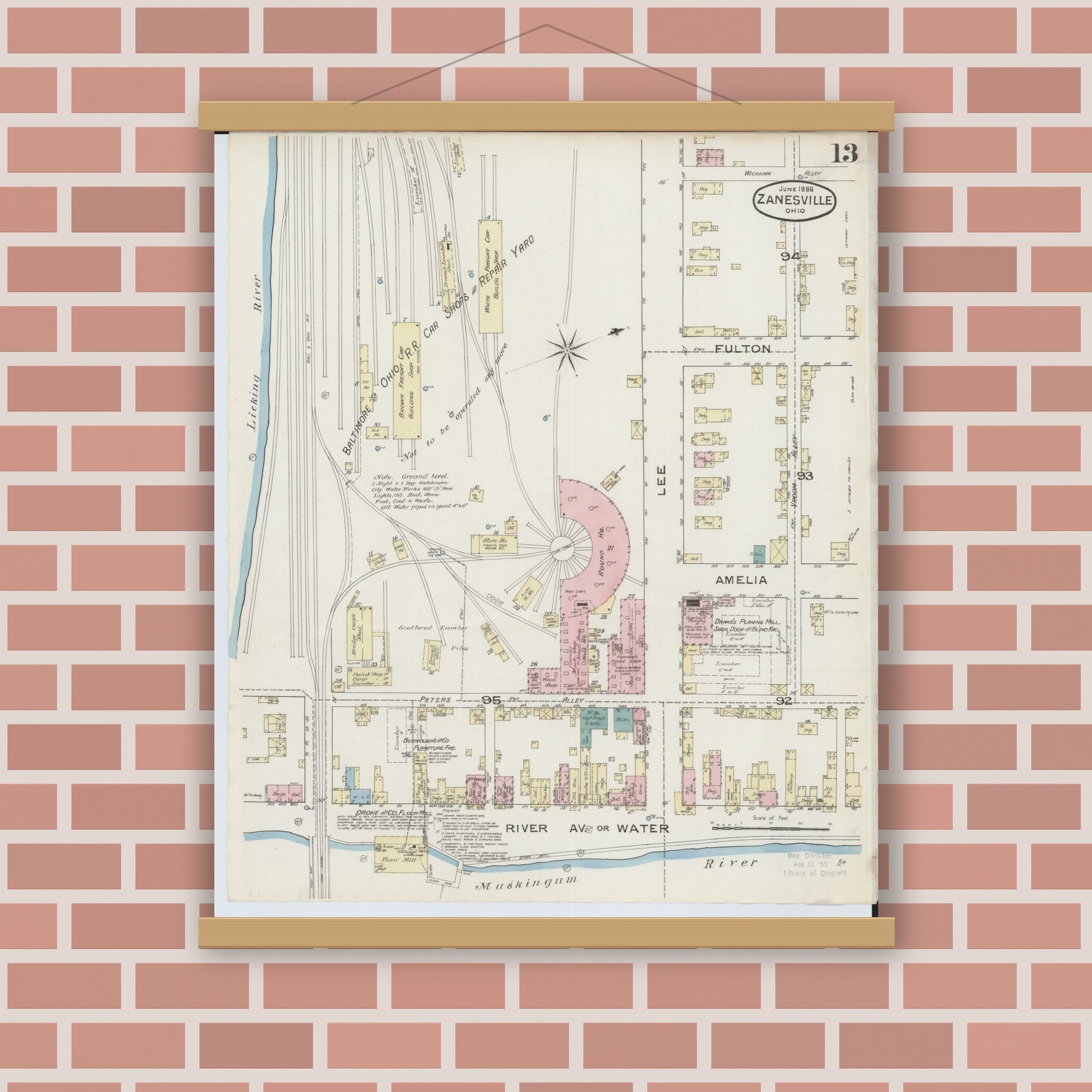 Old map wall art mockup — magnetic wood frame on brick wall — Sanborn Fire Insurance Map from Zanesville, Muskingum County, Ohio (1886), Sheet #0013