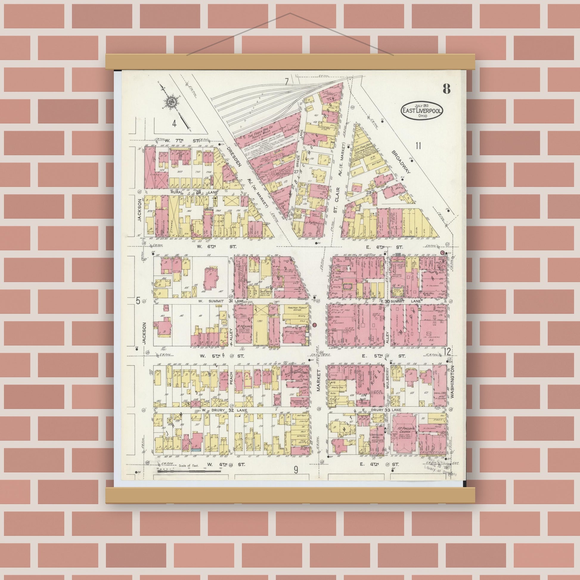 Old map wall art mockup — magnetic wood frame on brick wall — Sanborn Fire Insurance Map from East Liverpool, Columbiana County, Ohio (1913), Sheet #0008
