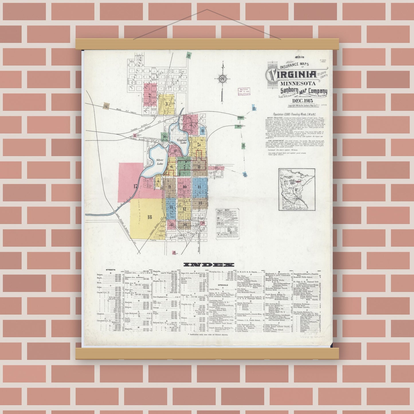 Old map wall art mockup — magnetic wood frame on brick wall — Sanborn Fire Insurance Map from Virginia, Saint Louis County, Minnesota (1915) - Complete Map Set