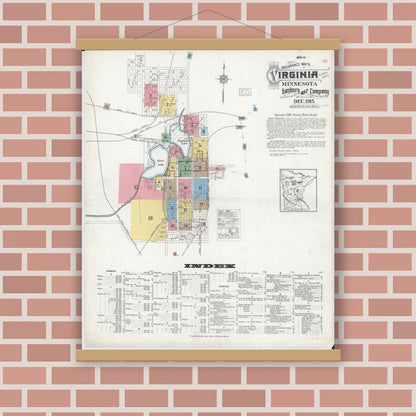 Old map wall art mockup — magnetic wood frame on brick wall — Sanborn Fire Insurance Map from Virginia, Saint Louis County, Minnesota (1915) - Complete Map Set