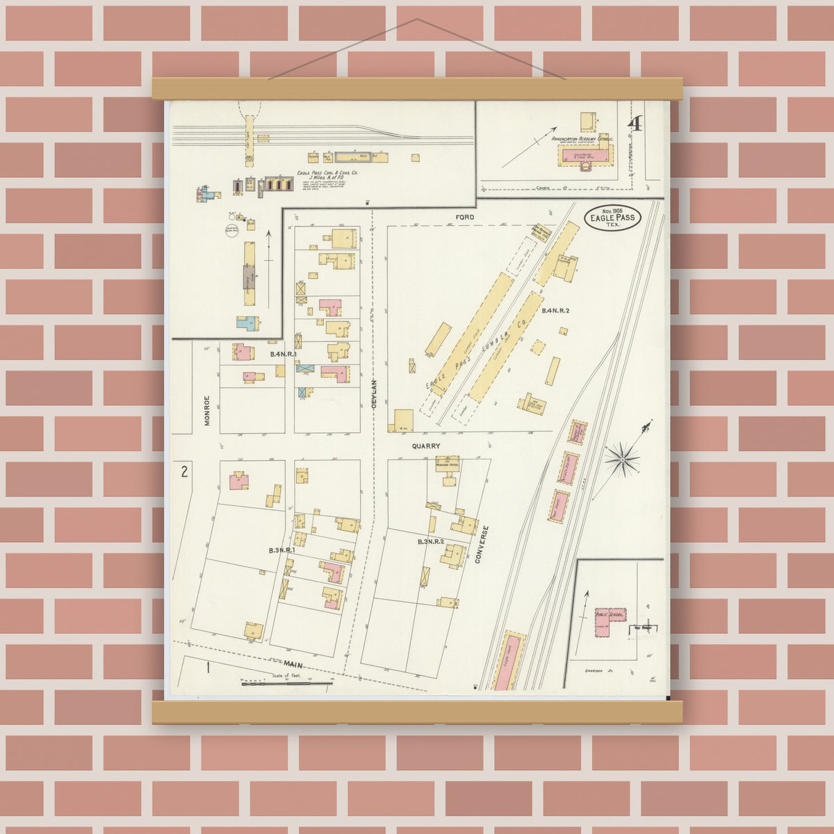 Old map wall art mockup — magnetic wood frame on brick wall — Sanborn Fire Insurance Map from Eagle Pass, Maverick County, Texas (1905), Sheet #0004
