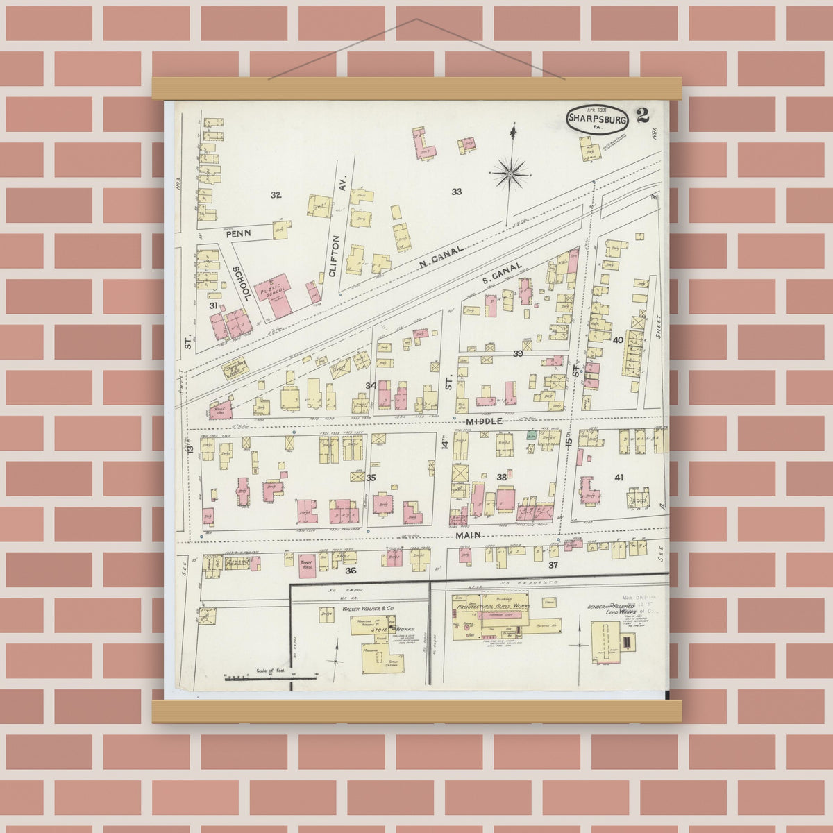 Old map wall art mockup — magnetic wood frame on brick wall — Sanborn Fire Insurance Map from Sharpsburg, Allegheny County, Pennsylvania (1891), Sheet #0002