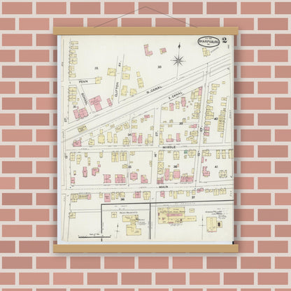 Old map wall art mockup — magnetic wood frame on brick wall — Sanborn Fire Insurance Map from Sharpsburg, Allegheny County, Pennsylvania (1891), Sheet #0002