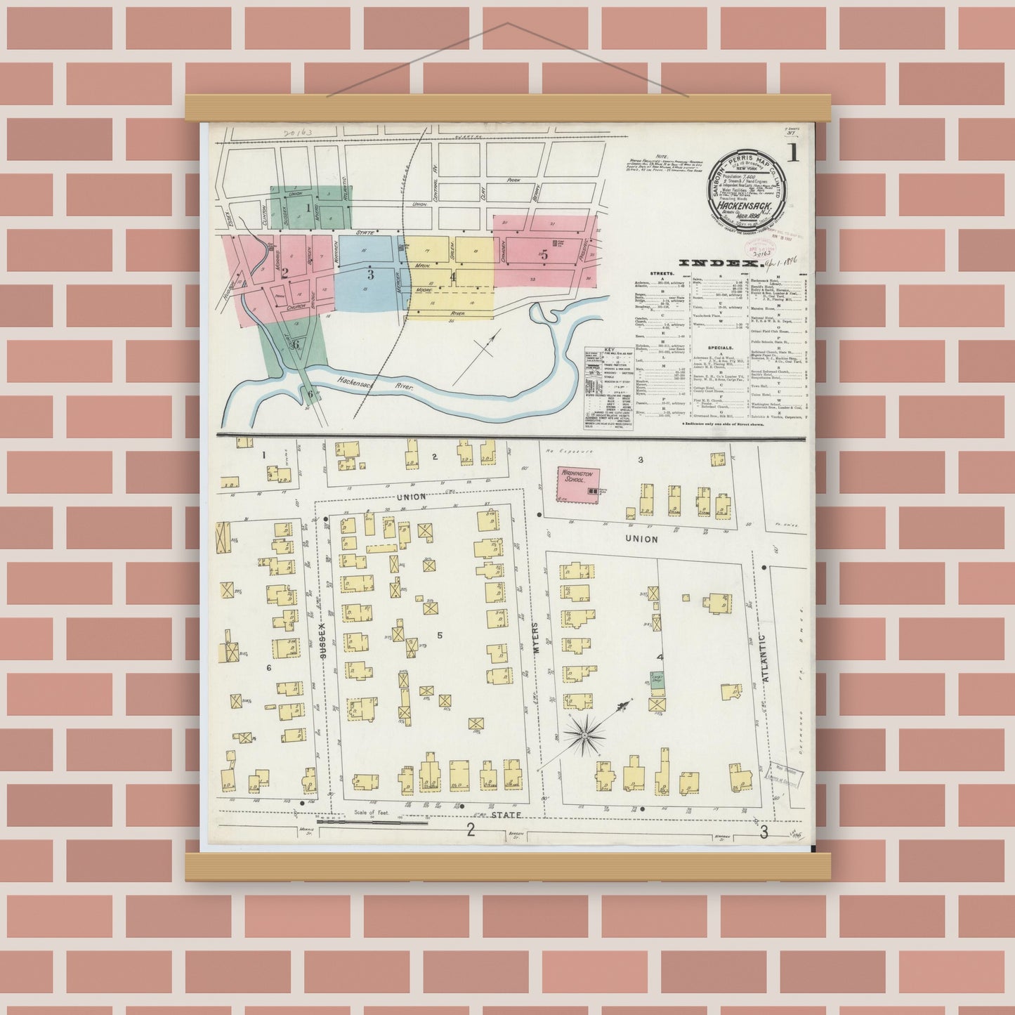 Old map wall art mockup — magnetic wood frame on brick wall — Sanborn Fire Insurance Map from Hackensack, Bergen County, New Jersey (1896) - Complete Map Set