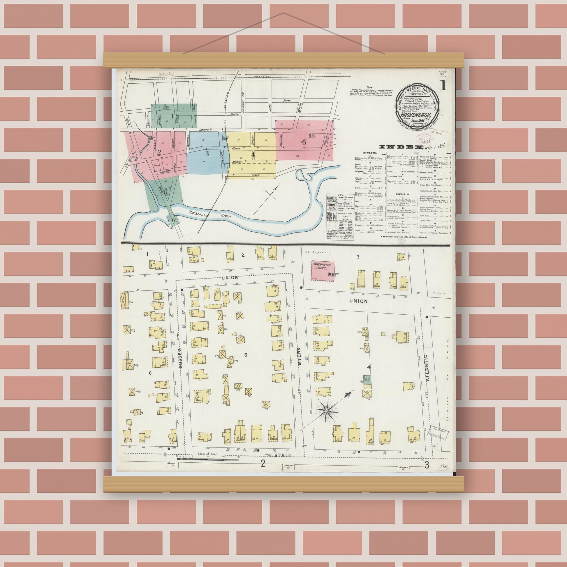 Old map wall art mockup — magnetic wood frame on brick wall — Sanborn Fire Insurance Map from Hackensack, Bergen County, New Jersey (1896) - Complete Map Set