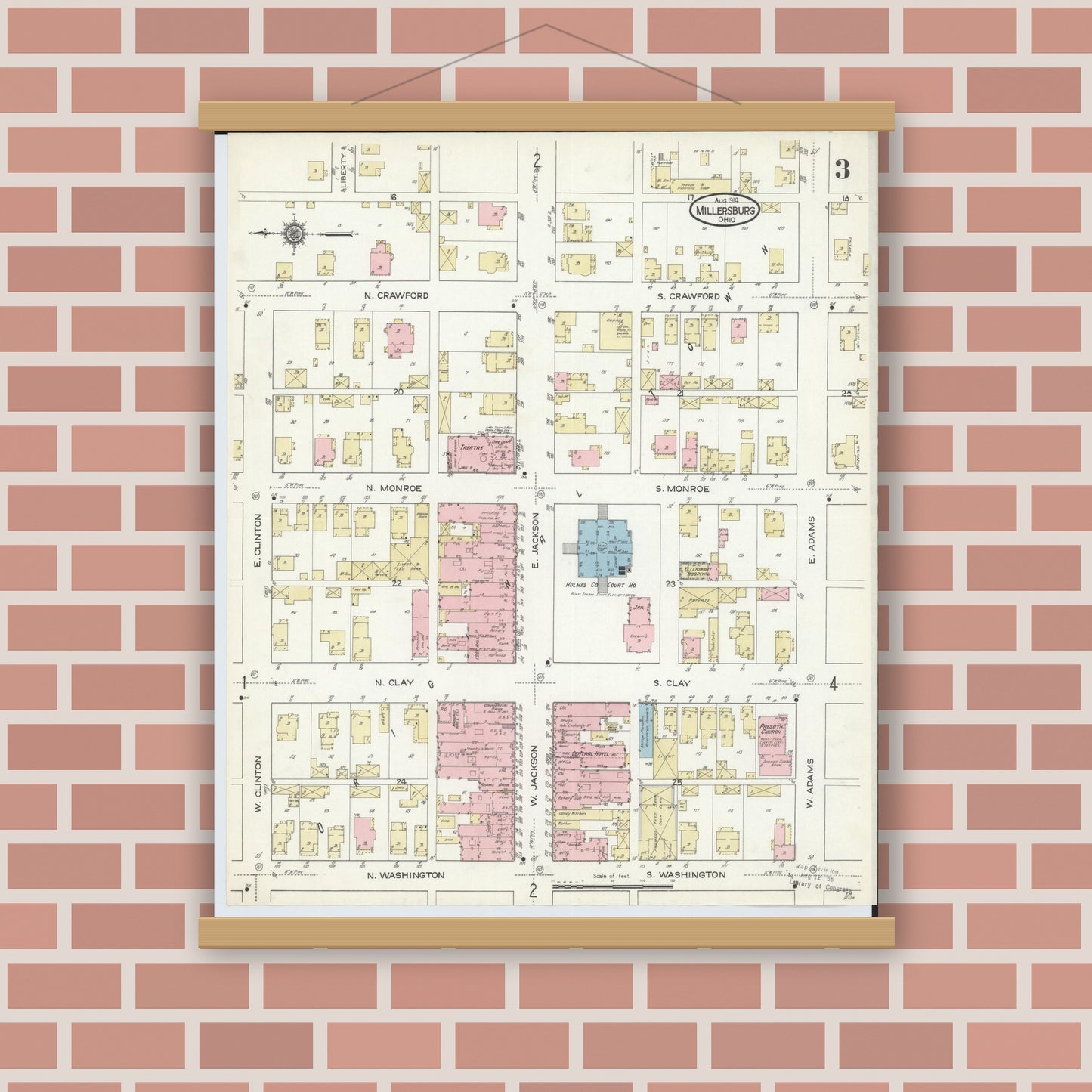 Old map wall art mockup — magnetic wood frame on brick wall — Sanborn Fire Insurance Map from Millersburg, Holmes County, Ohio (1914), Sheet #0003