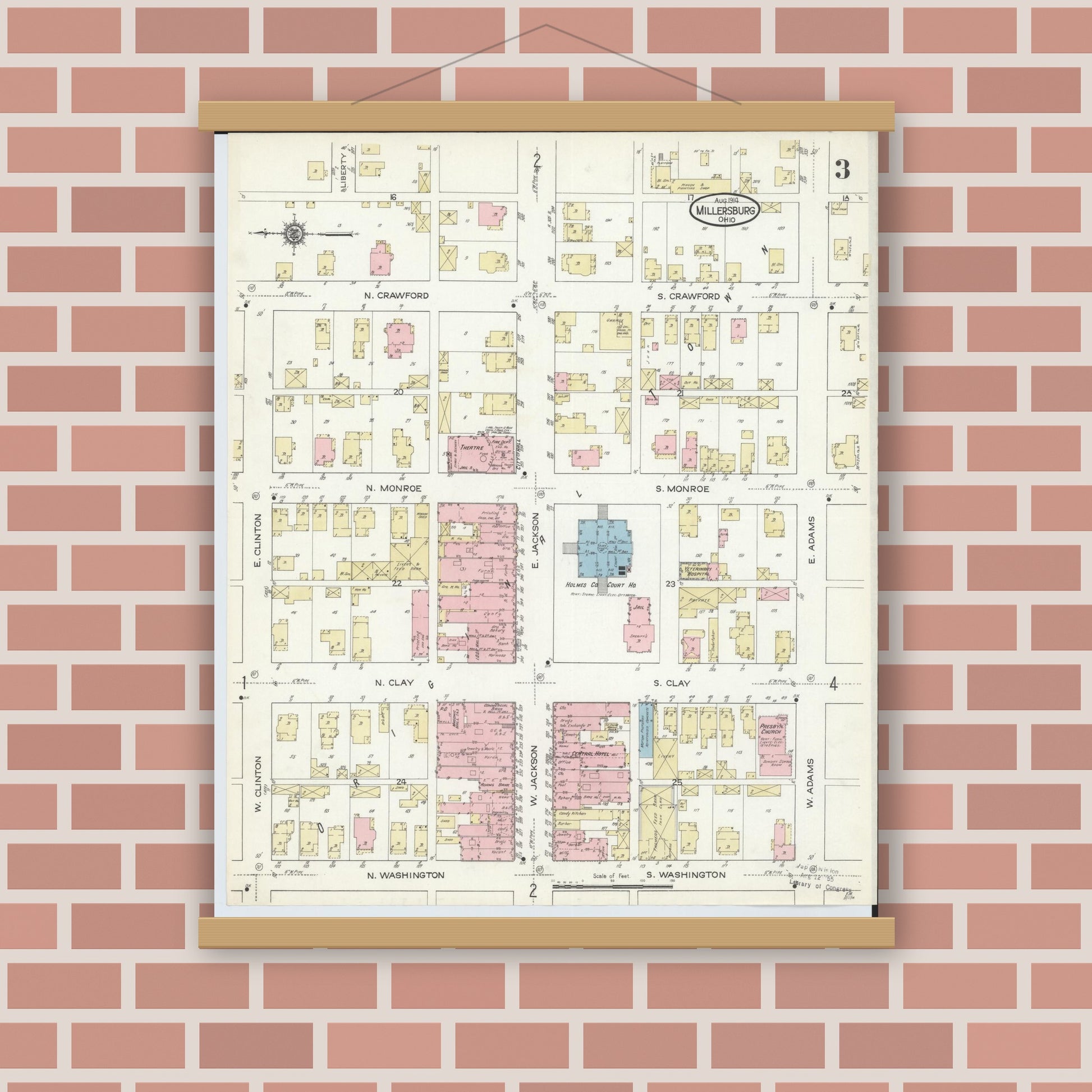 Old map wall art mockup — magnetic wood frame on brick wall — Sanborn Fire Insurance Map from Millersburg, Holmes County, Ohio (1914), Sheet #0003