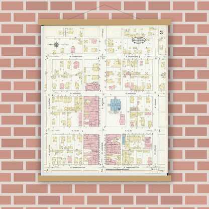 Old map wall art mockup — magnetic wood frame on brick wall — Sanborn Fire Insurance Map from Millersburg, Holmes County, Ohio (1914), Sheet #0003