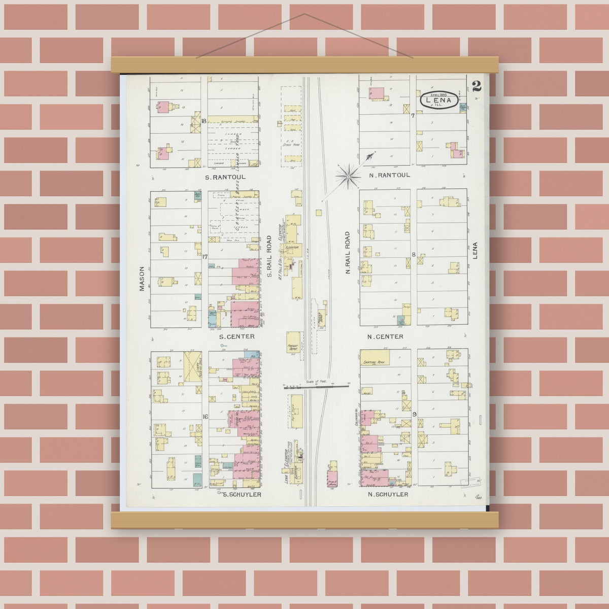 Old map wall art mockup — magnetic wood frame on brick wall — Sanborn Fire Insurance Map from Lena, Stephenson County, Illinois (1893), Sheet #0002