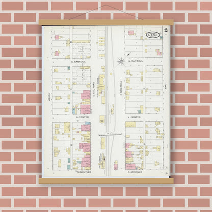 Old map wall art mockup — magnetic wood frame on brick wall — Sanborn Fire Insurance Map from Lena, Stephenson County, Illinois (1893), Sheet #0002