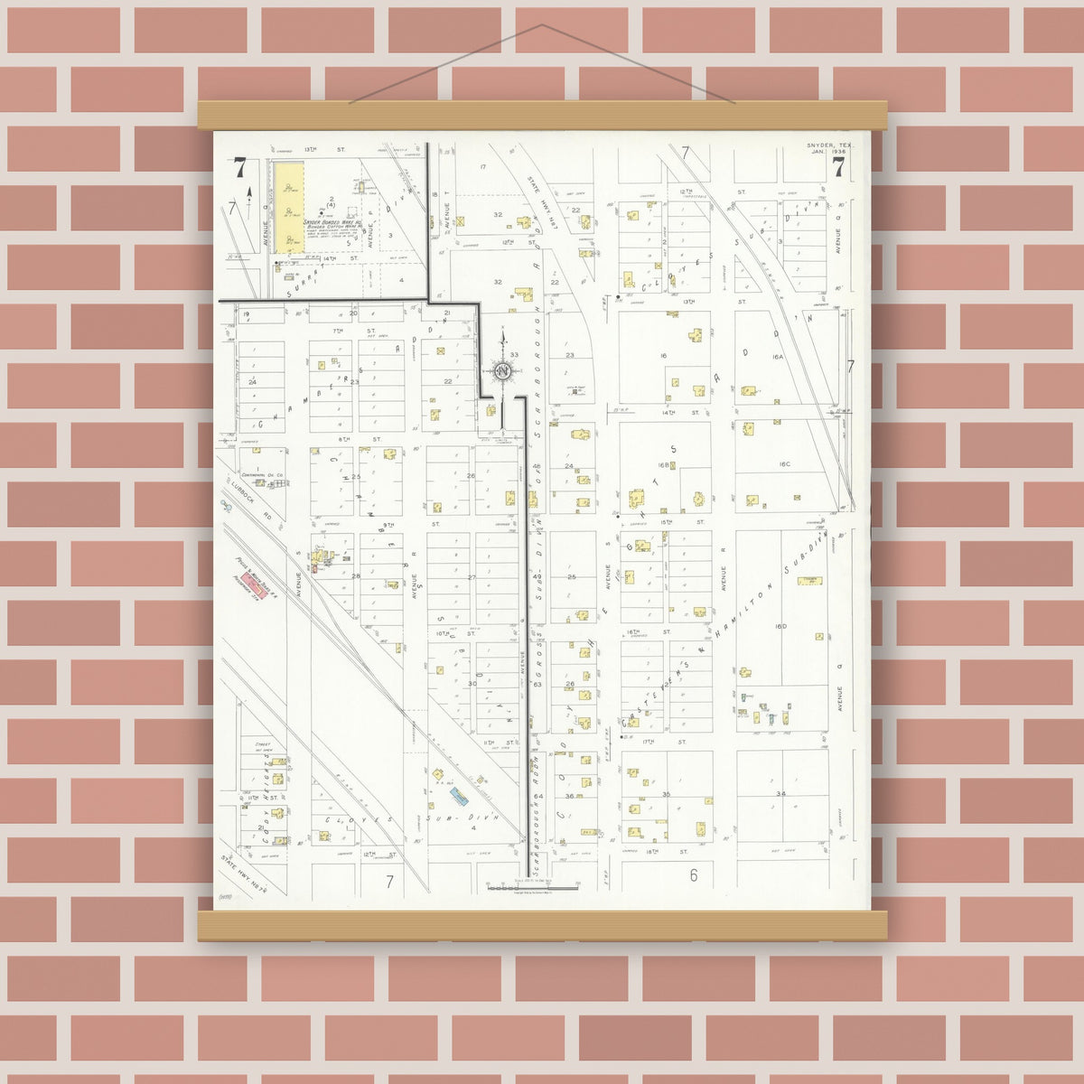 Old map wall art mockup — magnetic wood frame on brick wall — Sanborn Fire Insurance Map from Snyder, Scurry County, Texas (1936), Sheet #0007