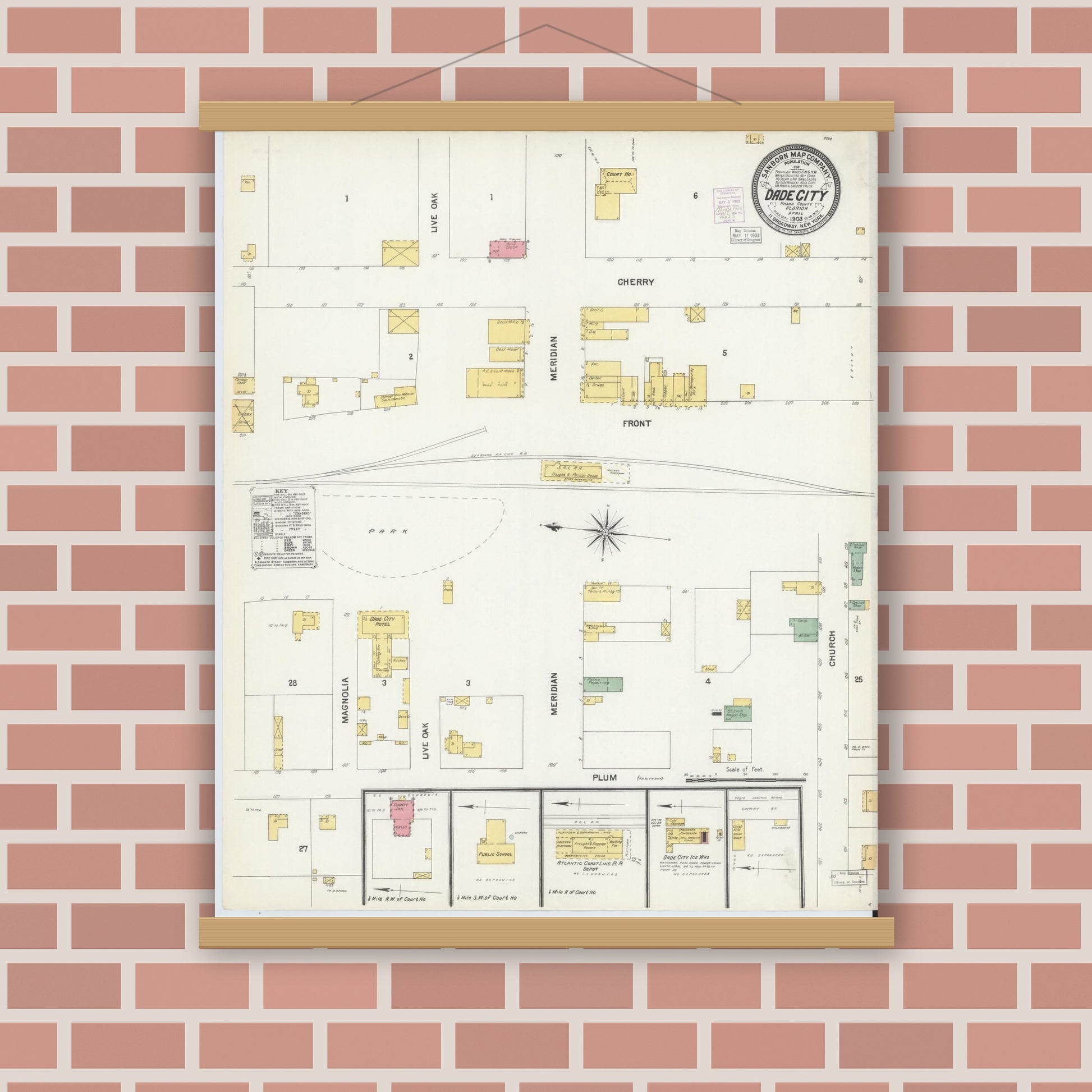Old map wall art mockup — magnetic wood frame on brick wall — Sanborn Fire Insurance Map from Dade City, Pasco County, Florida (1903), Sheet #0002