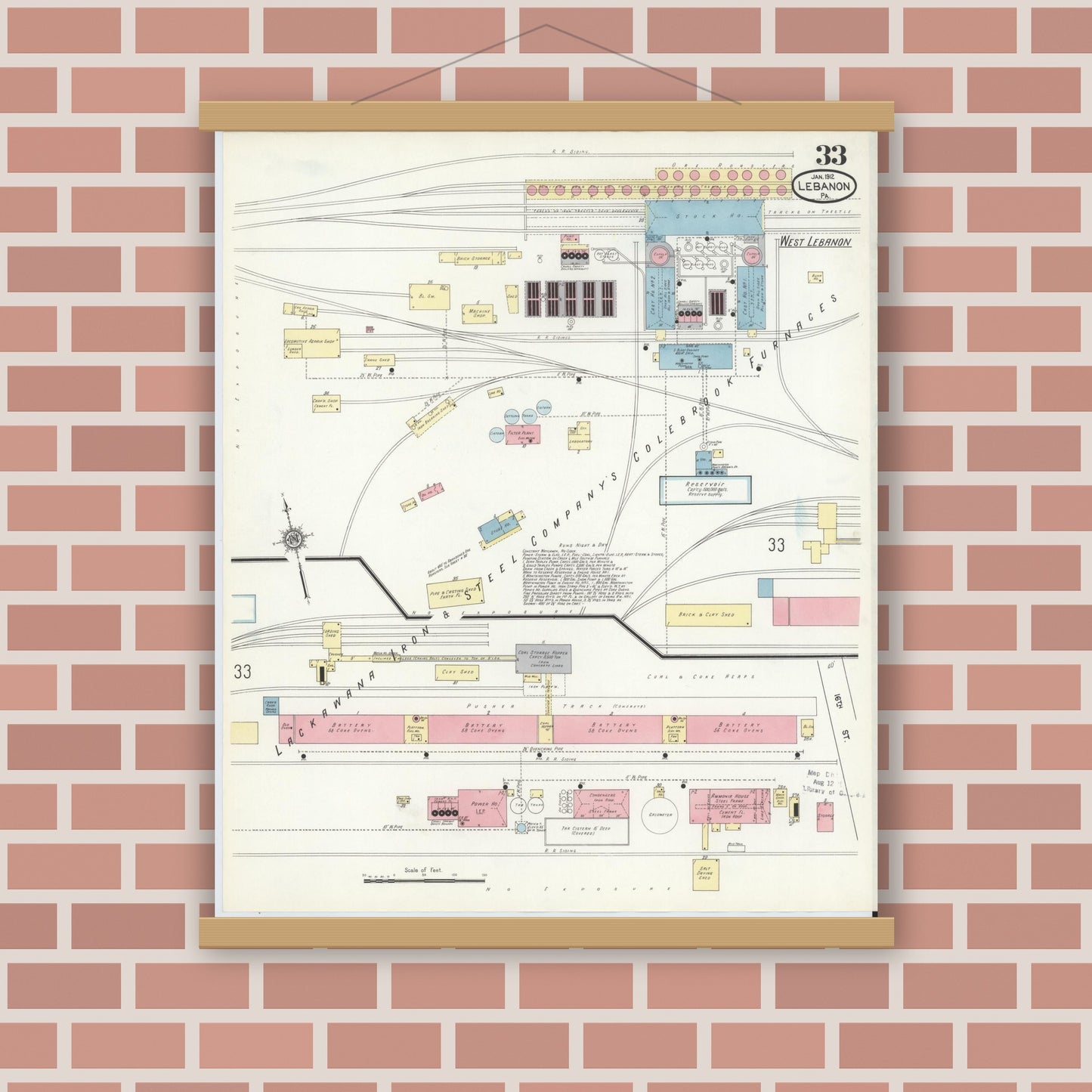 Old map wall art mockup — magnetic wood frame on brick wall — Sanborn Fire Insurance Map from Lebanon, Lebanon County, Pennsylvania (1912), Sheet #0033