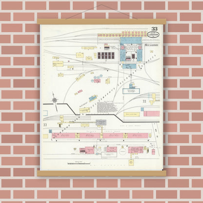Old map wall art mockup — magnetic wood frame on brick wall — Sanborn Fire Insurance Map from Lebanon, Lebanon County, Pennsylvania (1912), Sheet #0033