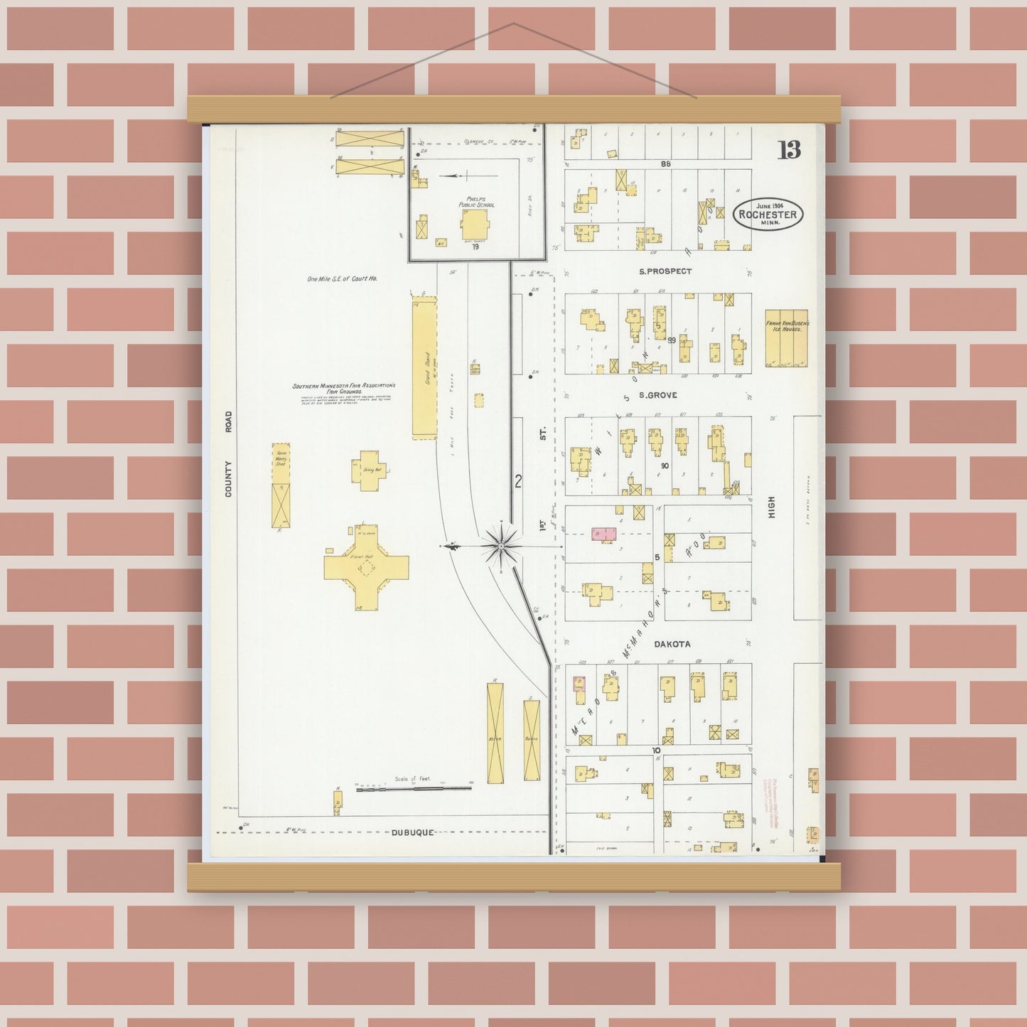 Old map wall art mockup — magnetic wood frame on brick wall — Sanborn Fire Insurance Map from Rochester, Olmsted County, Minnesota (1904), Sheet #0013