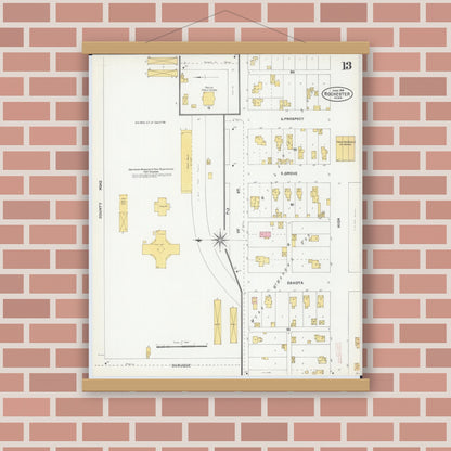 Old map wall art mockup — magnetic wood frame on brick wall — Sanborn Fire Insurance Map from Rochester, Olmsted County, Minnesota (1904), Sheet #0013