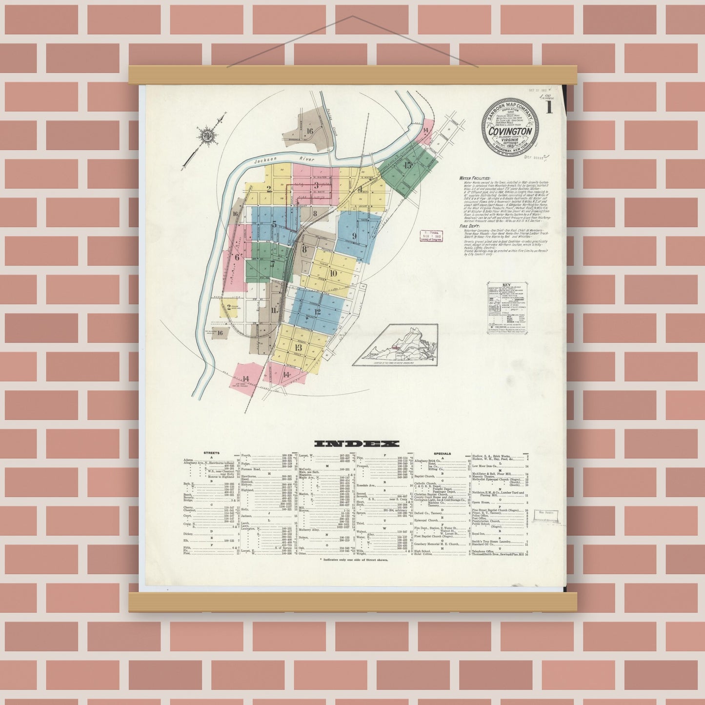 Old map wall art mockup — magnetic wood frame on brick wall — Sanborn Fire Insurance Map from Covington, Independent Cities, Virginia (1913) - Complete Map Set