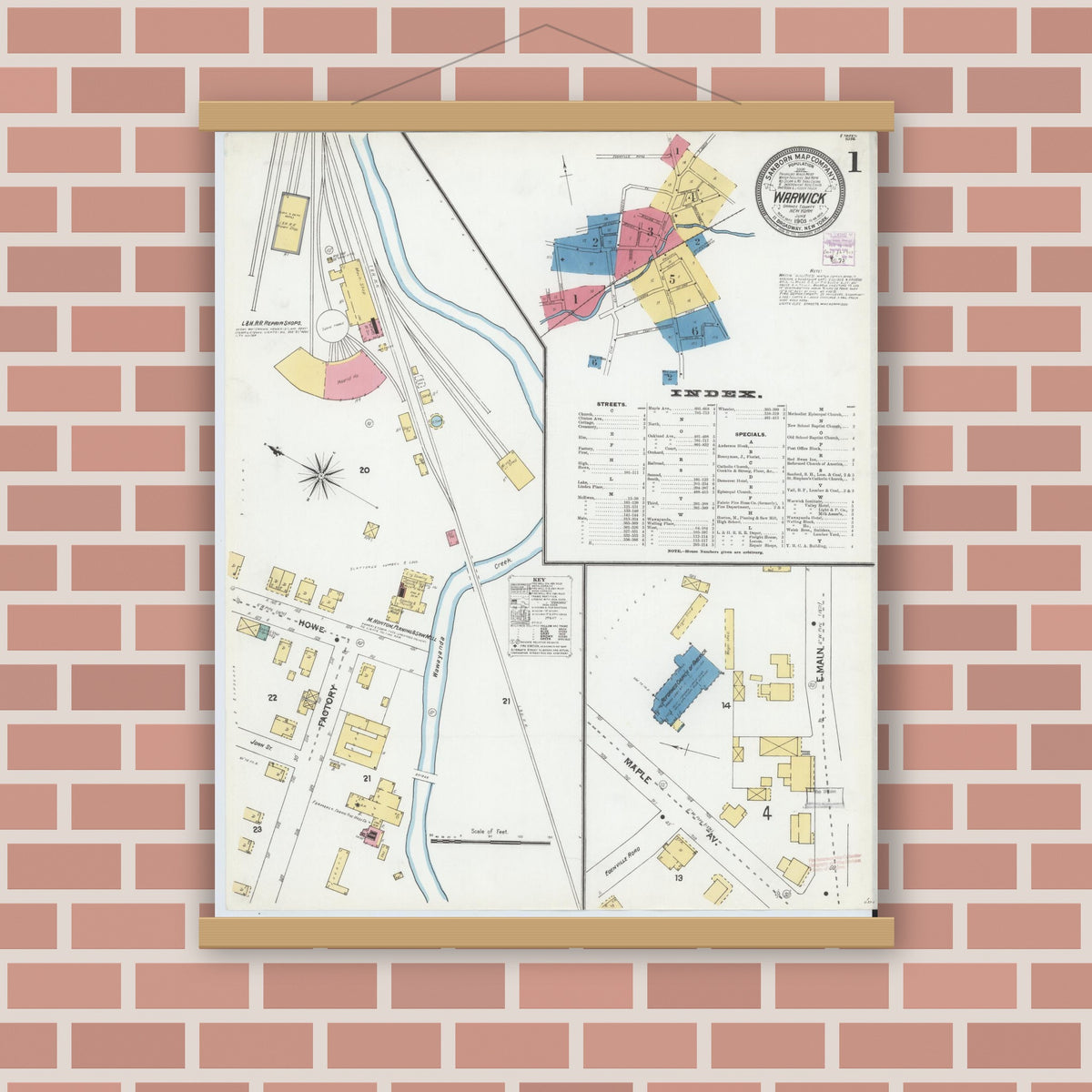 Old map wall art mockup — magnetic wood frame on brick wall — Sanborn Fire Insurance Map from Warwick, Orange County, New York (1905), Sheet #0001