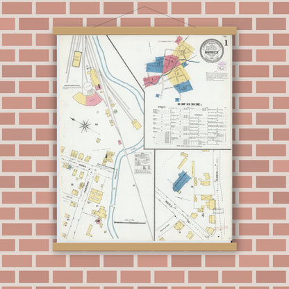 Old map wall art mockup — magnetic wood frame on brick wall — Sanborn Fire Insurance Map from Warwick, Orange County, New York (1905), Sheet #0001