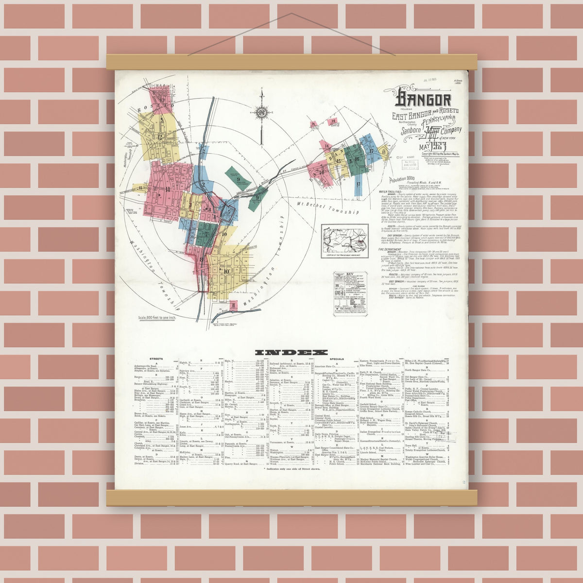 Old map wall art mockup — magnetic wood frame on brick wall — Sanborn Fire Insurance Map from Bangor, Northampton County, Pennsylvania (1923) - Complete Map Set