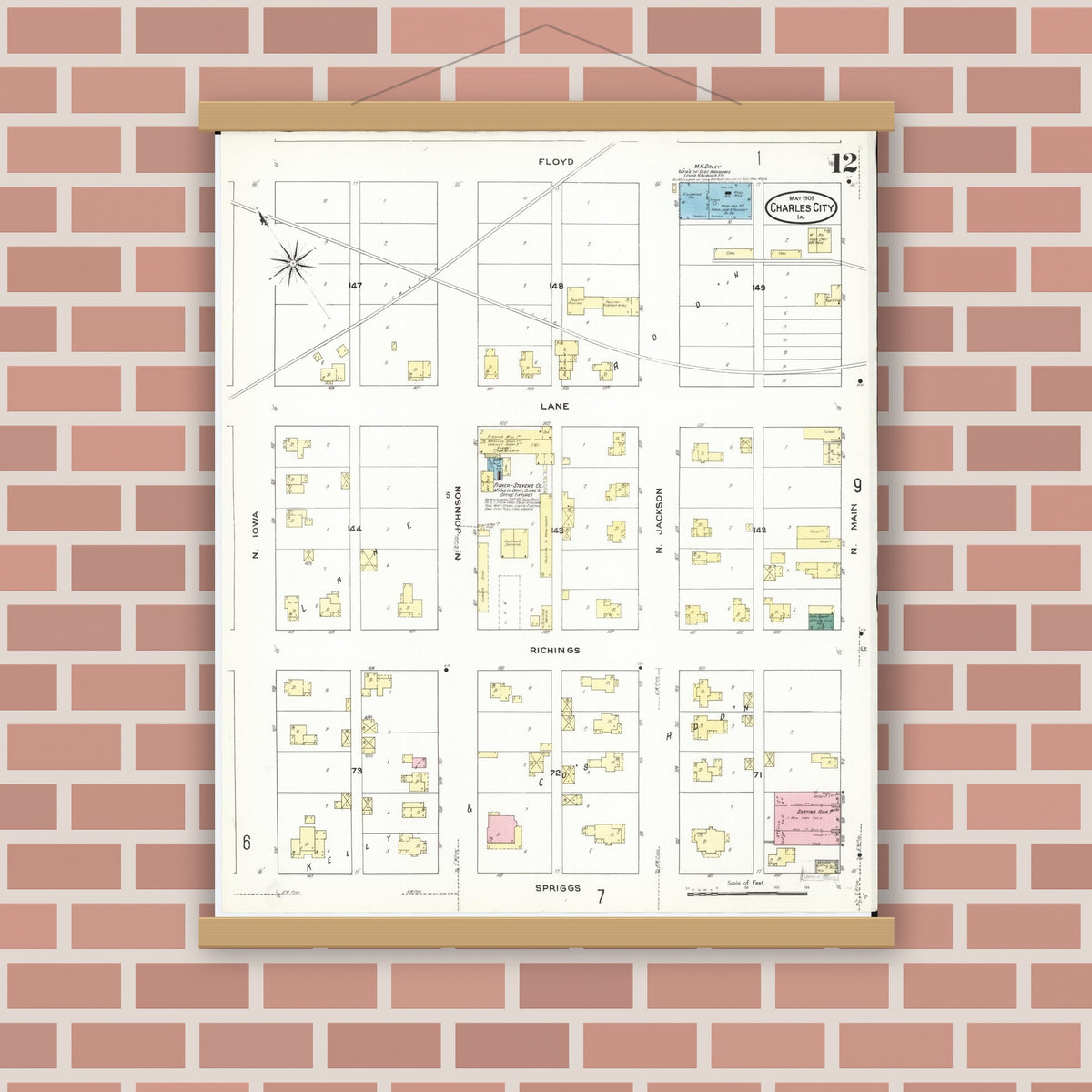 Old map wall art mockup — magnetic wood frame on brick wall — Sanborn Fire Insurance Map from Charles City, Floyd County, Iowa (1909), Sheet #0012