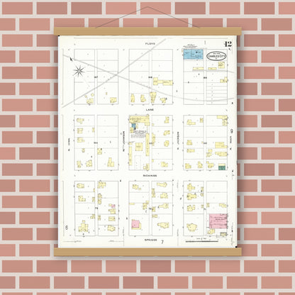 Old map wall art mockup — magnetic wood frame on brick wall — Sanborn Fire Insurance Map from Charles City, Floyd County, Iowa (1909), Sheet #0012