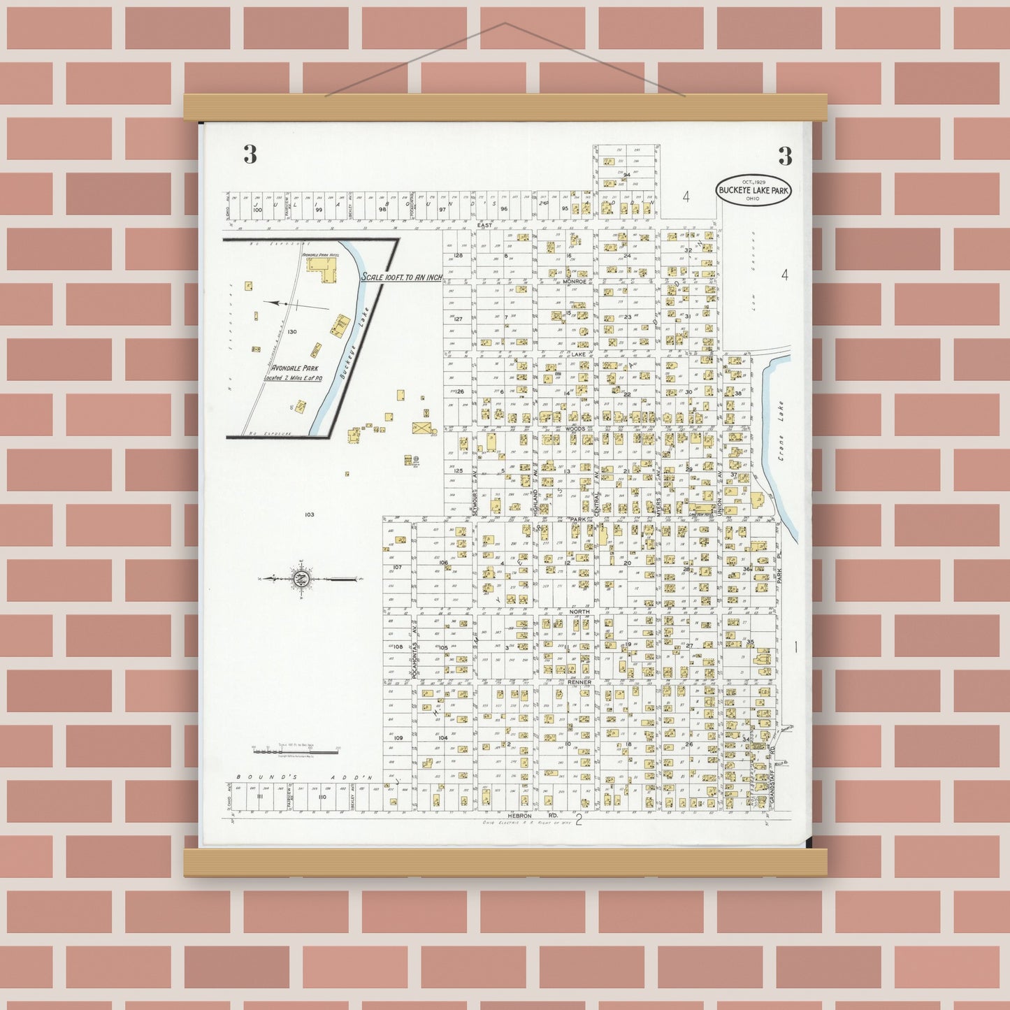 Old map wall art mockup — magnetic wood frame on brick wall — Sanborn Fire Insurance Map from Buckeye Lake, Licking County, Ohio (1929), Sheet #0003