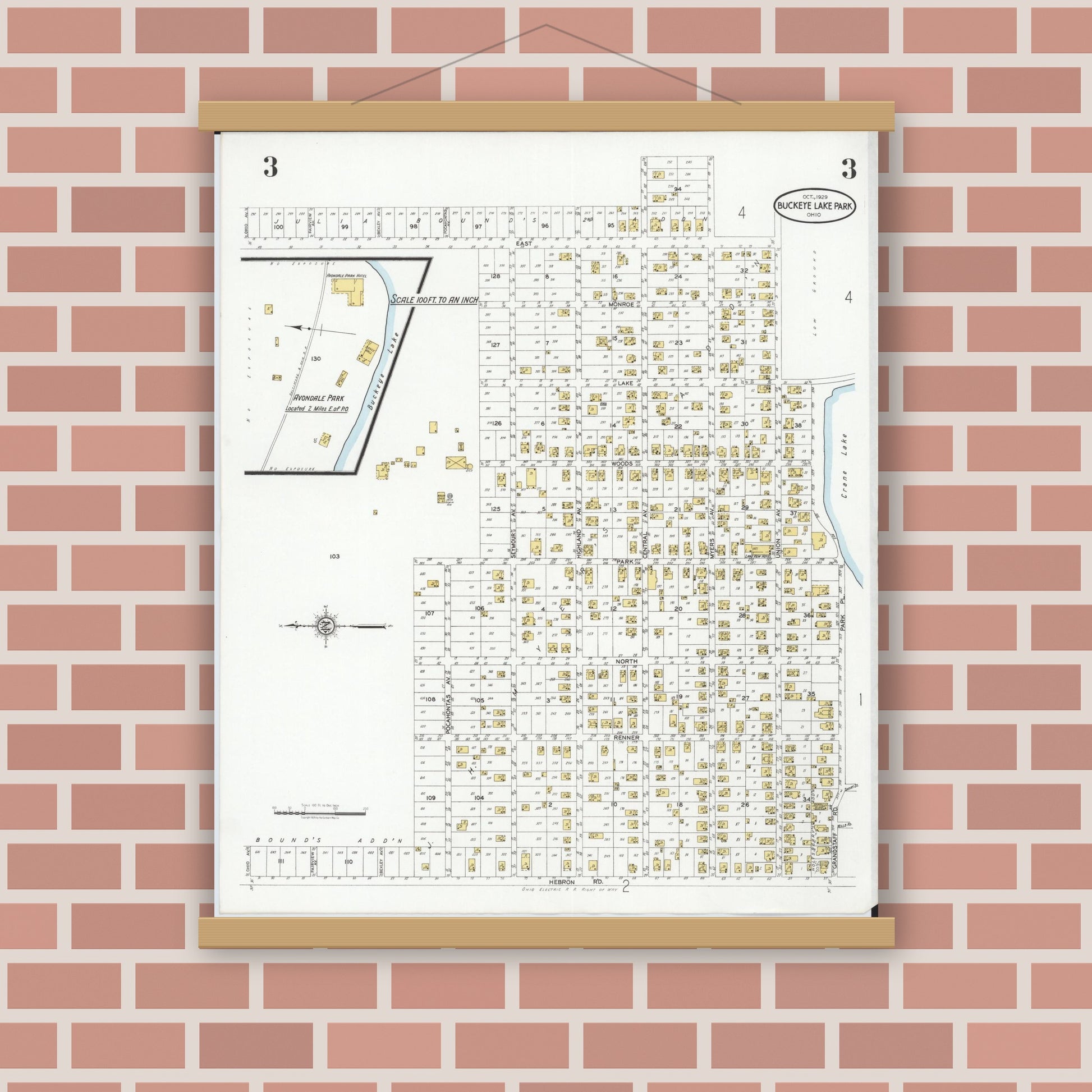 Old map wall art mockup — magnetic wood frame on brick wall — Sanborn Fire Insurance Map from Buckeye Lake, Licking County, Ohio (1929), Sheet #0003