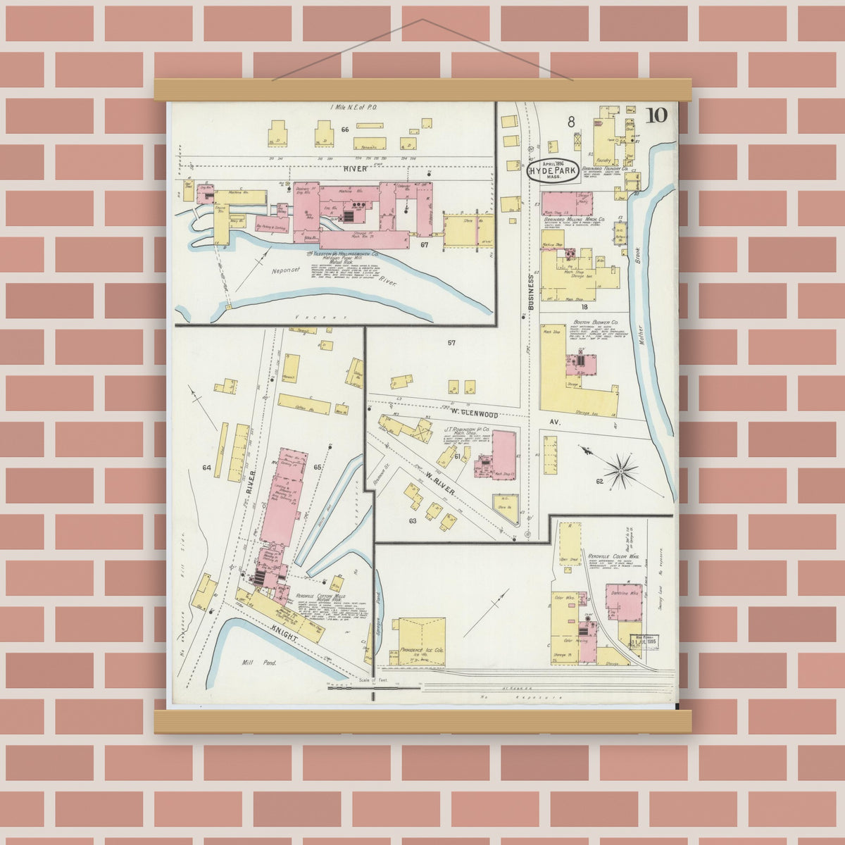 Old map wall art mockup — magnetic wood frame on brick wall — Sanborn Fire Insurance Map from Hyde Park, Norfolk County, Massachusetts (1896), Sheet #0010