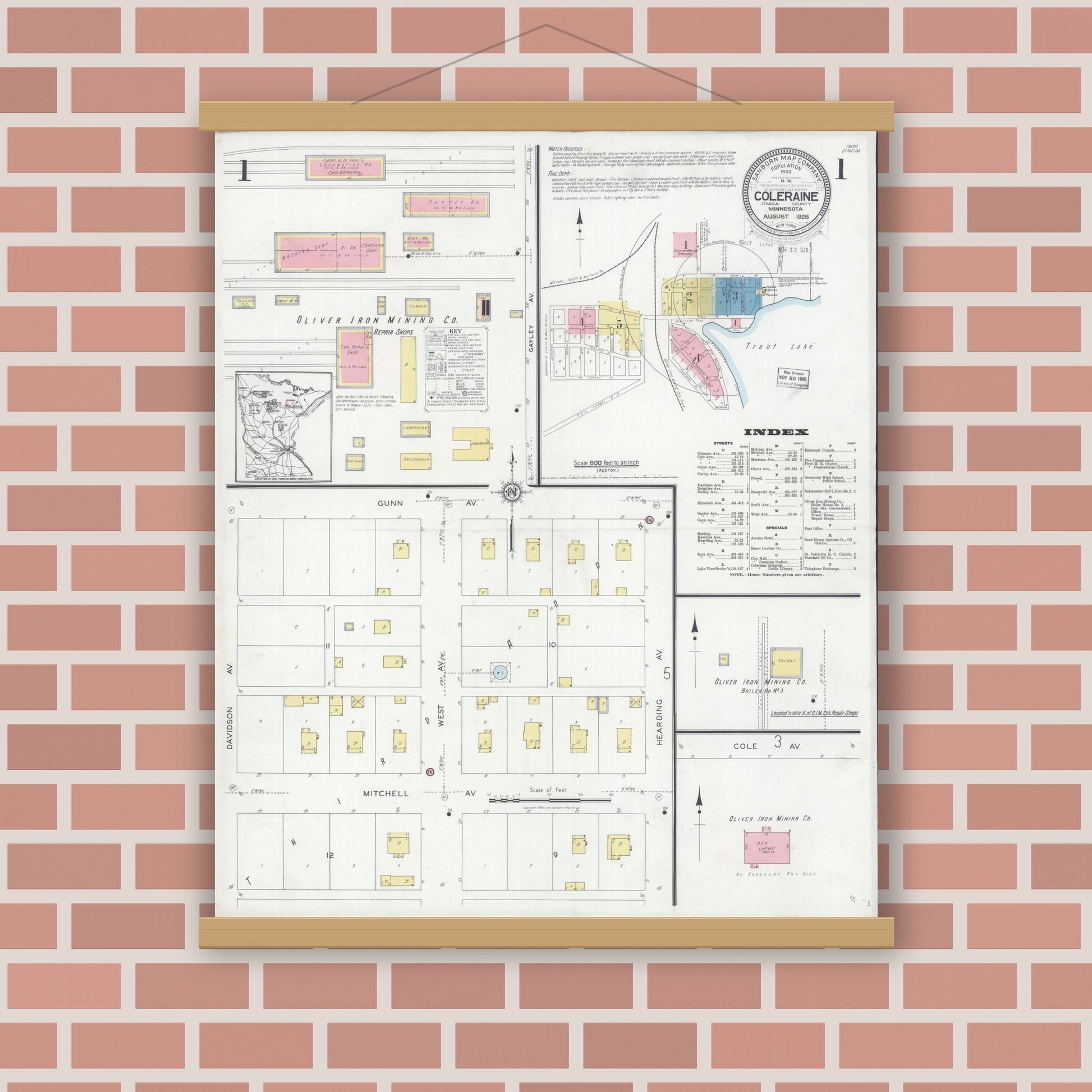 Old map wall art mockup — magnetic wood frame on brick wall — Sanborn Fire Insurance Map from Coleraine, Itasca County, Minnesota (1928), Sheet #0001