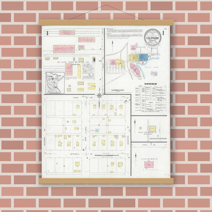 Old map wall art mockup — magnetic wood frame on brick wall — Sanborn Fire Insurance Map from Coleraine, Itasca County, Minnesota (1928), Sheet #0001