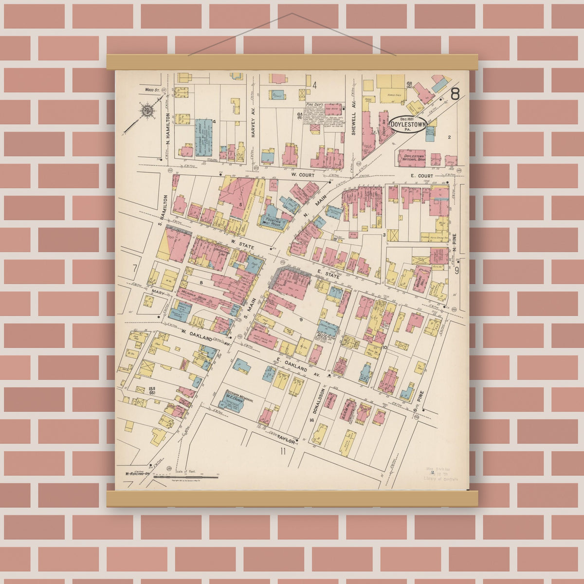 Old map wall art mockup — magnetic wood frame on brick wall — Sanborn Fire Insurance Map from Doylestown, Bucks County, Pennsylvania (1922), Sheet #0008