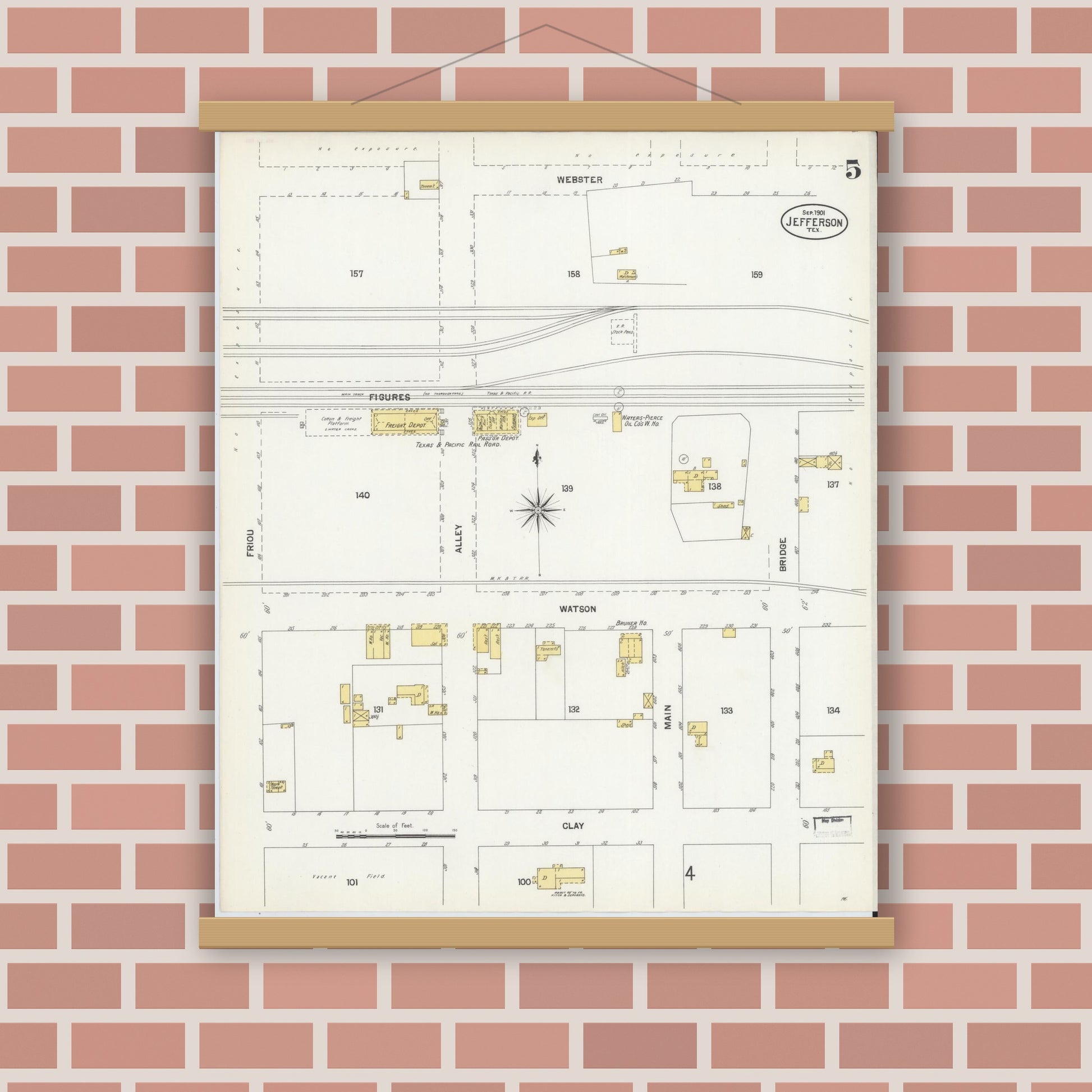 Old map wall art mockup — magnetic wood frame on brick wall — Sanborn Fire Insurance Map from Jefferson, Marion County, Texas (1901), Sheet #0005