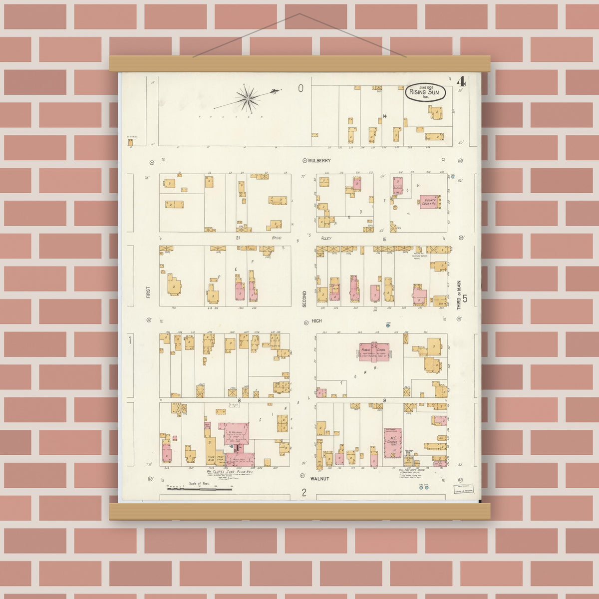 Old map wall art mockup — magnetic wood frame on brick wall — Sanborn Fire Insurance Map from Rising Sun, Ohio County, Indiana (1906), Sheet #0004