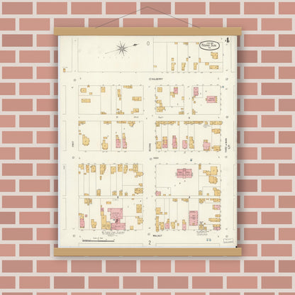 Old map wall art mockup — magnetic wood frame on brick wall — Sanborn Fire Insurance Map from Rising Sun, Ohio County, Indiana (1906), Sheet #0004