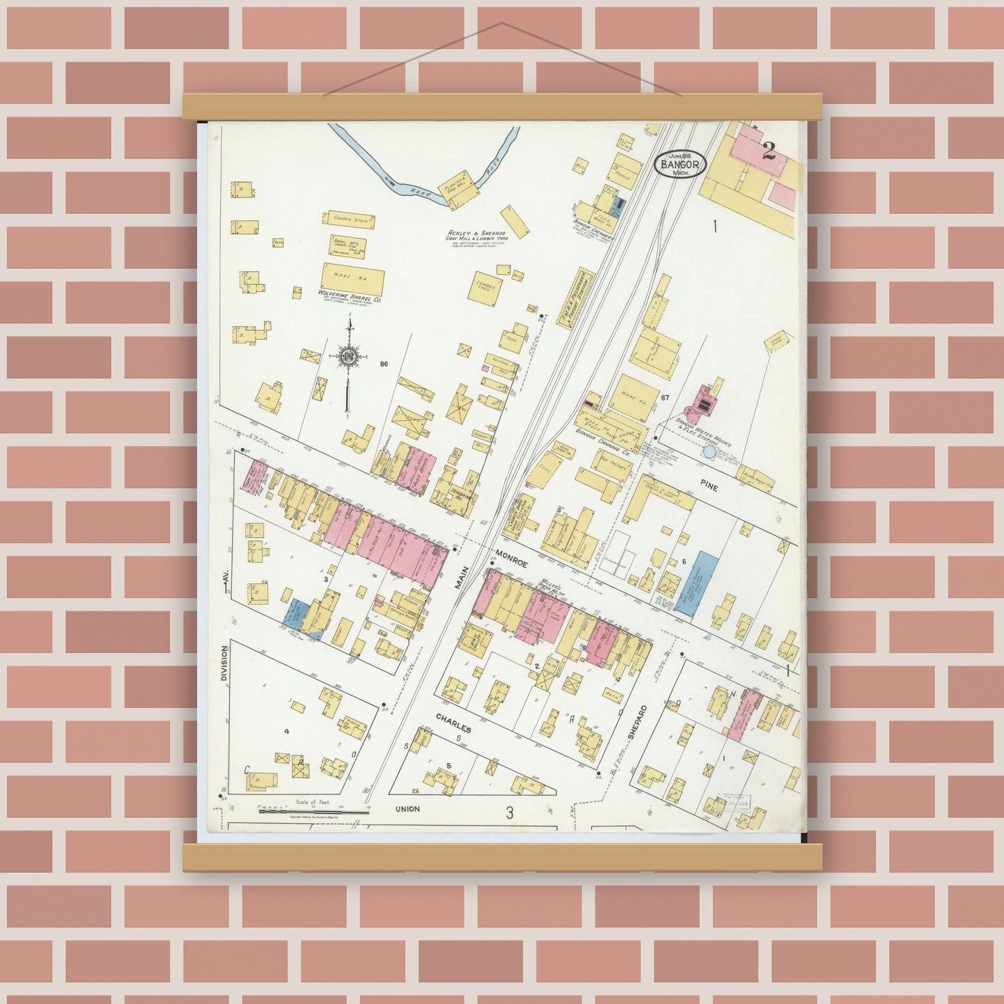 Old map wall art mockup — magnetic wood frame on brick wall — Sanborn Fire Insurance Map from Bangor, Van Buren County, Michigan (1918), Sheet #0002