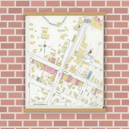 Old map wall art mockup — magnetic wood frame on brick wall — Sanborn Fire Insurance Map from Bangor, Van Buren County, Michigan (1918), Sheet #0002