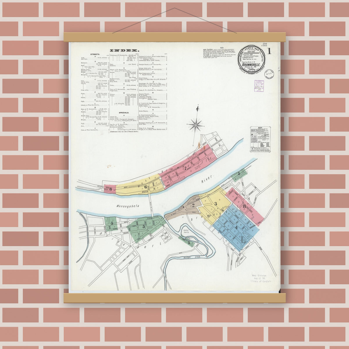 Old map wall art mockup — magnetic wood frame on brick wall — Sanborn Fire Insurance Map from Brownsville, Fayette County, Pennsylvania (1901) - Complete Map Set