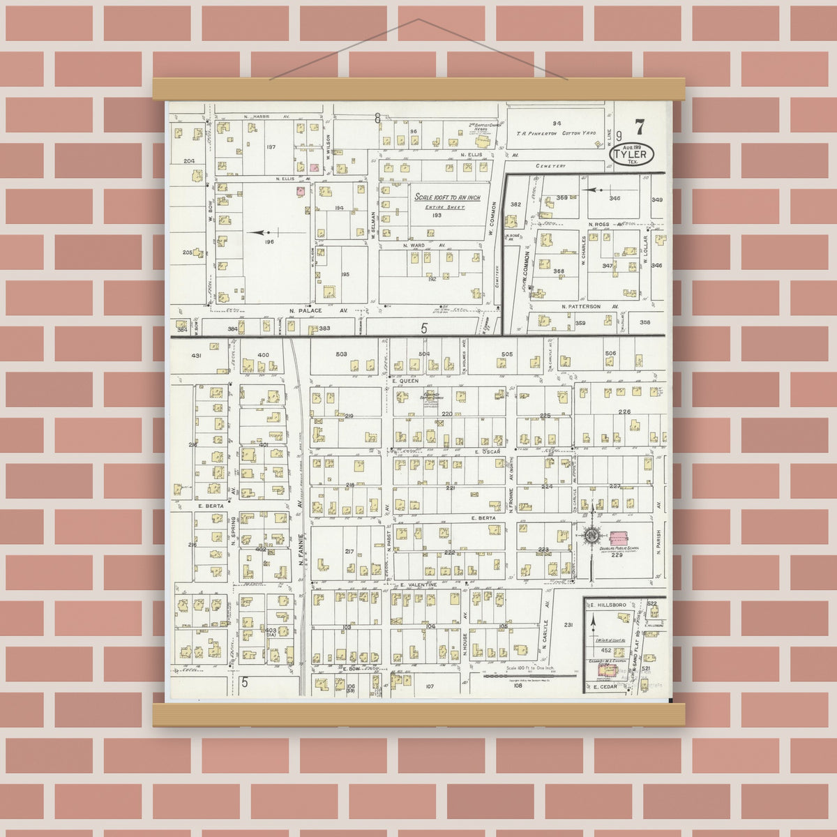 Old map wall art mockup — magnetic wood frame on brick wall — Sanborn Fire Insurance Map from Tyler, Smith County, Texas (1919), Sheet #0007