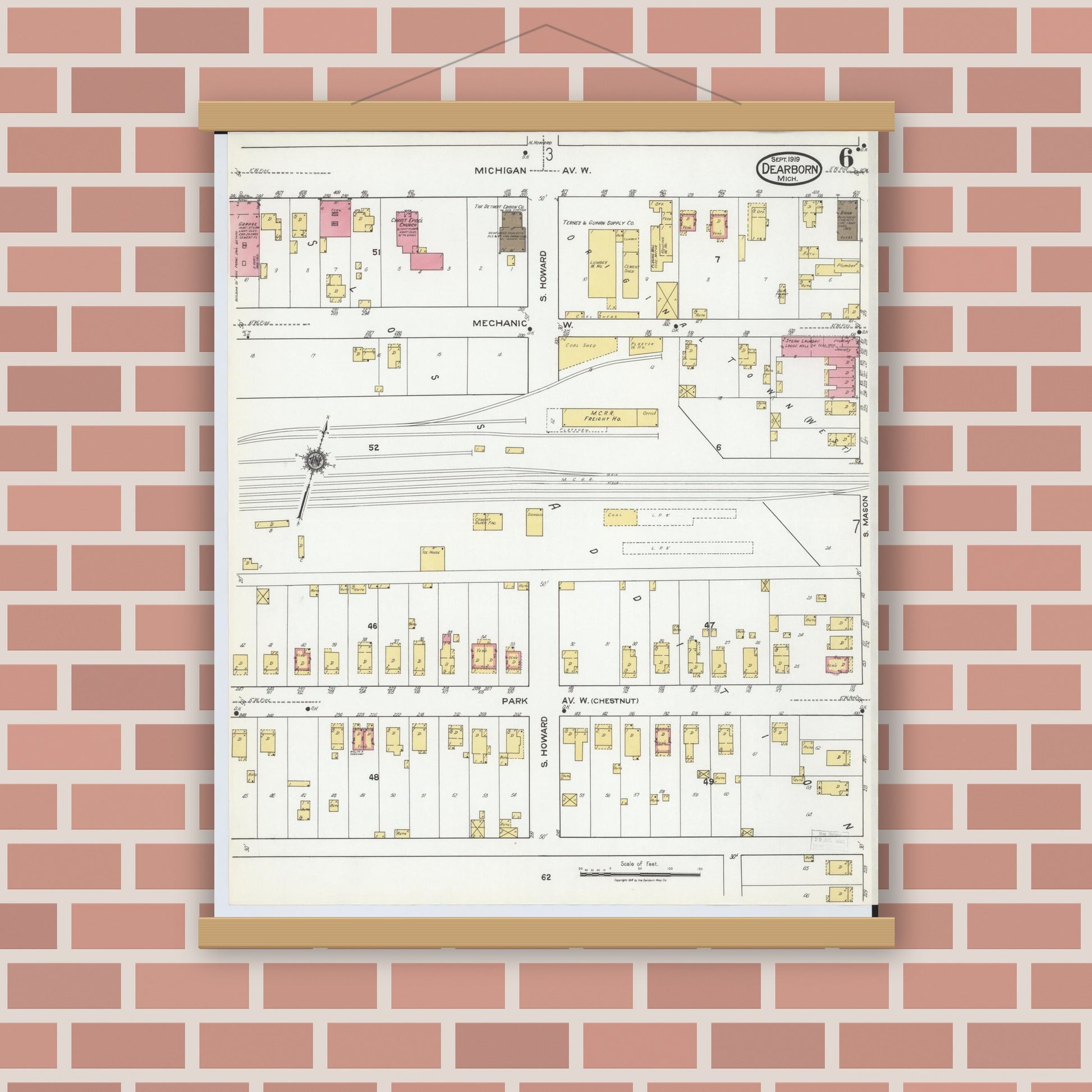 Old map wall art mockup — magnetic wood frame on brick wall — Sanborn Fire Insurance Map from Dearborn, Wayne County, Michigan (1919), Sheet #0006