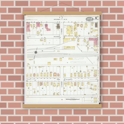 Old map wall art mockup — magnetic wood frame on brick wall — Sanborn Fire Insurance Map from Dearborn, Wayne County, Michigan (1919), Sheet #0006