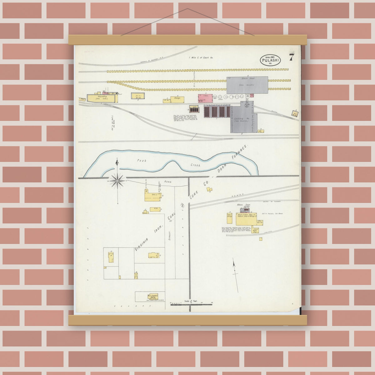 Old map wall art mockup — magnetic wood frame on brick wall — Sanborn Fire Insurance Map from Pulaski, Pulaski County, Virginia (1903), Sheet #0007