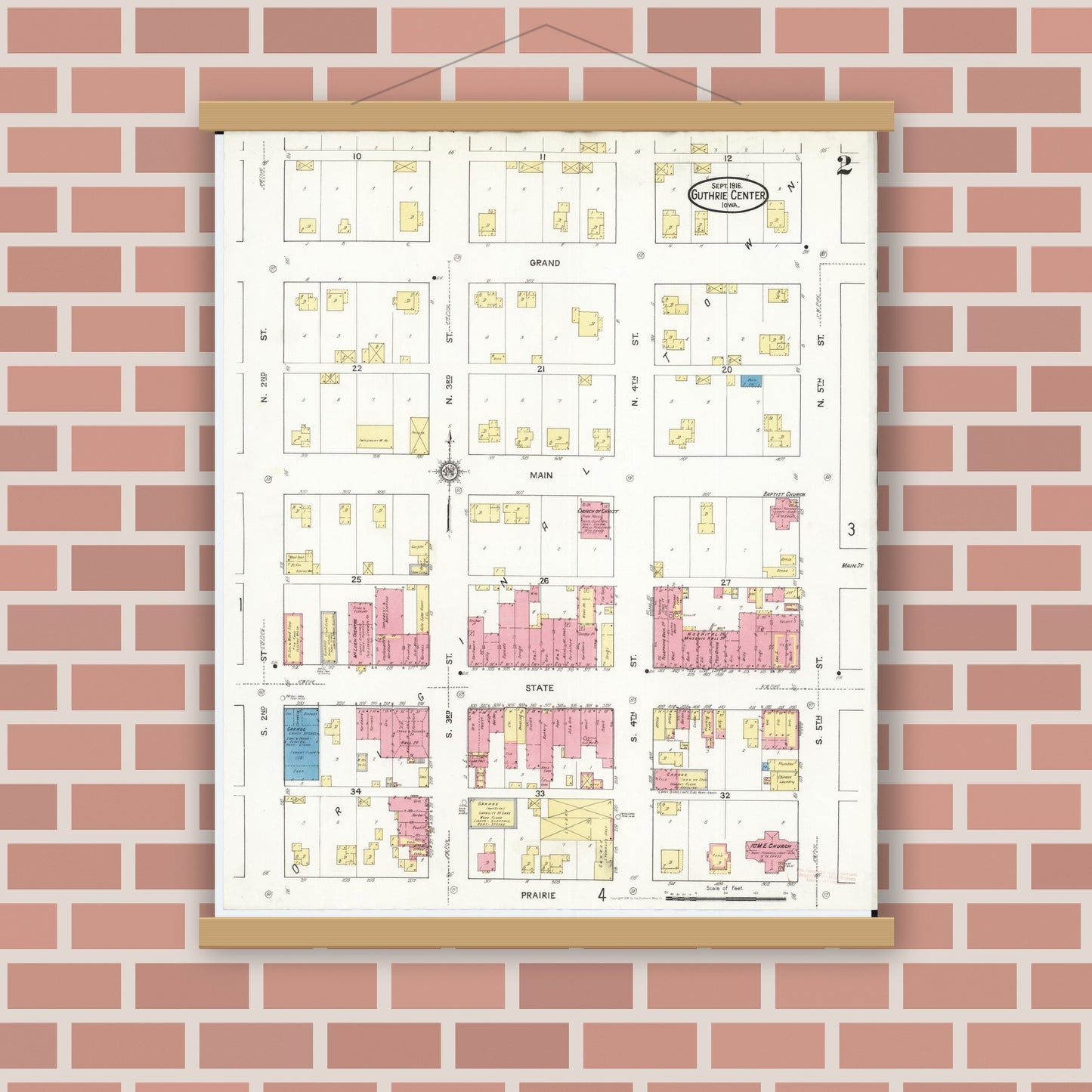 Old map wall art mockup — magnetic wood frame on brick wall — Sanborn Fire Insurance Map from Guthrie Center, Guthrie County, Iowa (1916), Sheet #0002
