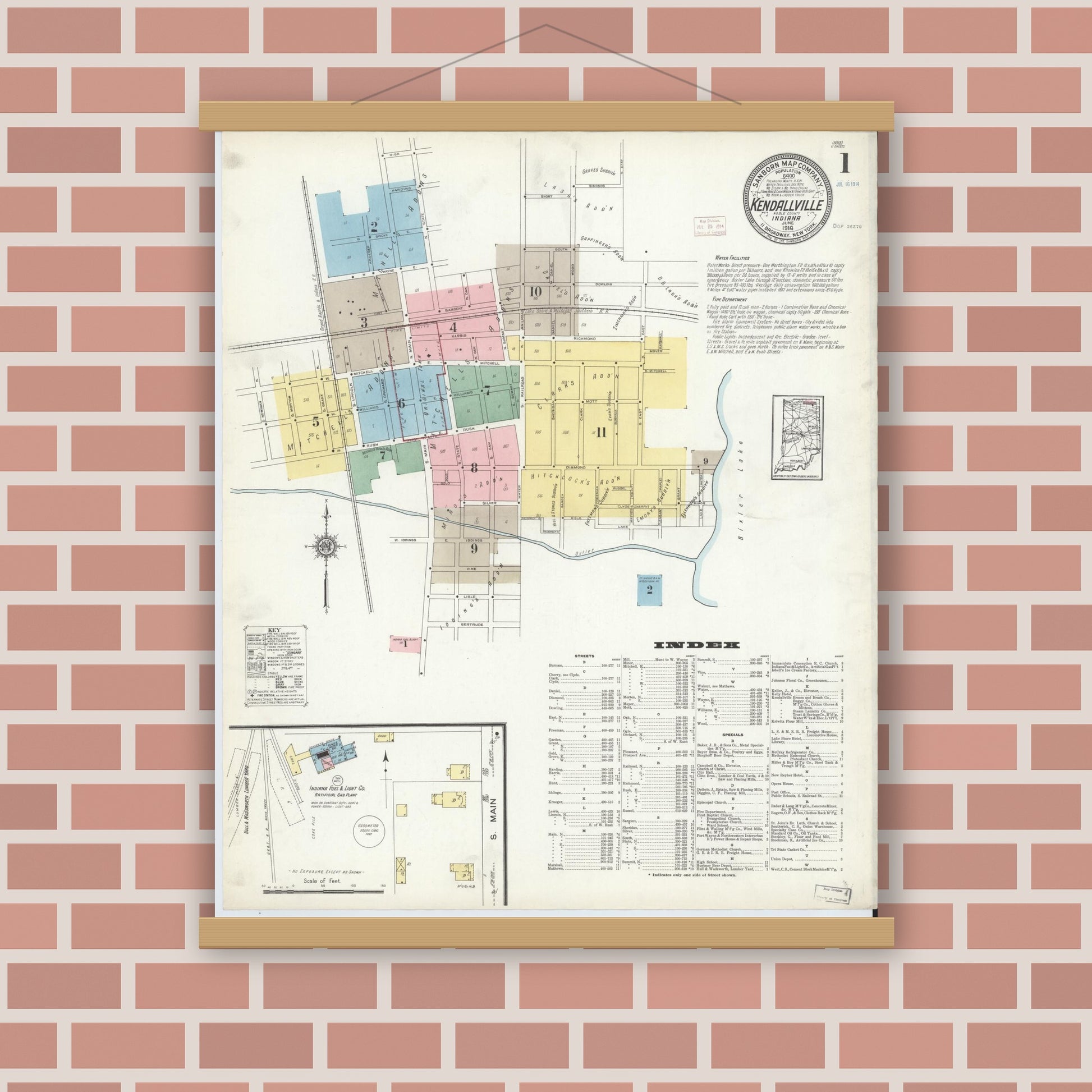 Old map wall art mockup — magnetic wood frame on brick wall — Sanborn Fire Insurance Map from Kendallville, Noble County, Indiana (1914) - Complete Map Set