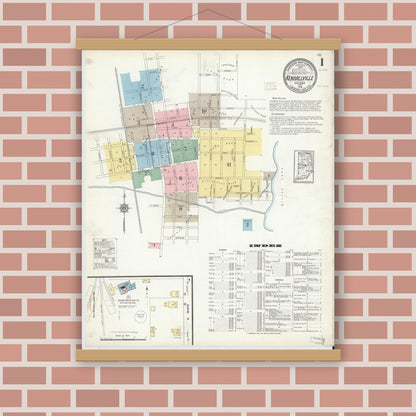 Old map wall art mockup — magnetic wood frame on brick wall — Sanborn Fire Insurance Map from Kendallville, Noble County, Indiana (1914) - Complete Map Set