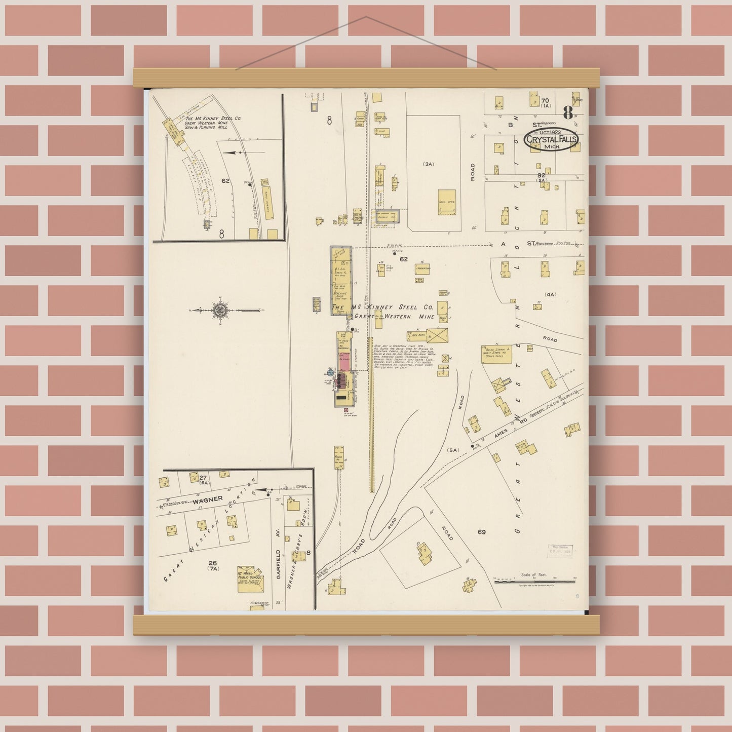 Old map wall art mockup — magnetic wood frame on brick wall — Sanborn Fire Insurance Map from Crystal Falls, Iron County, Michigan (1922), Sheet #0008
