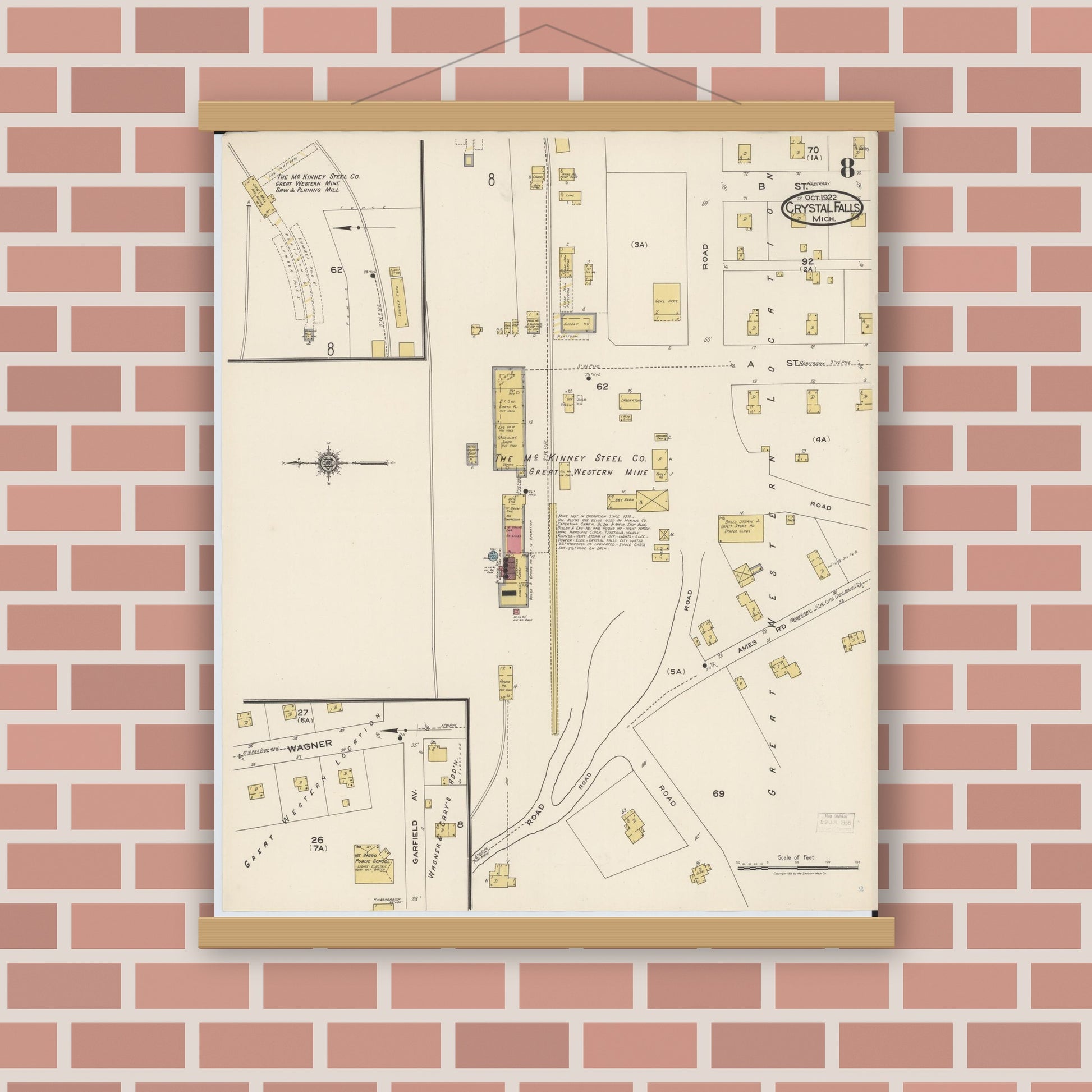 Old map wall art mockup — magnetic wood frame on brick wall — Sanborn Fire Insurance Map from Crystal Falls, Iron County, Michigan (1922), Sheet #0008