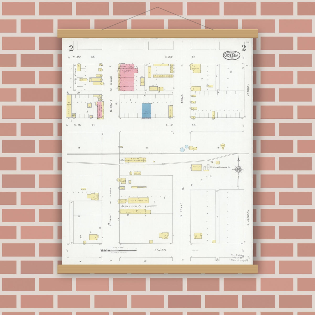 Old map wall art mockup — magnetic wood frame on brick wall — Sanborn Fire Insurance Map from Odessa, Edger County, Texas (1927), Sheet #0002